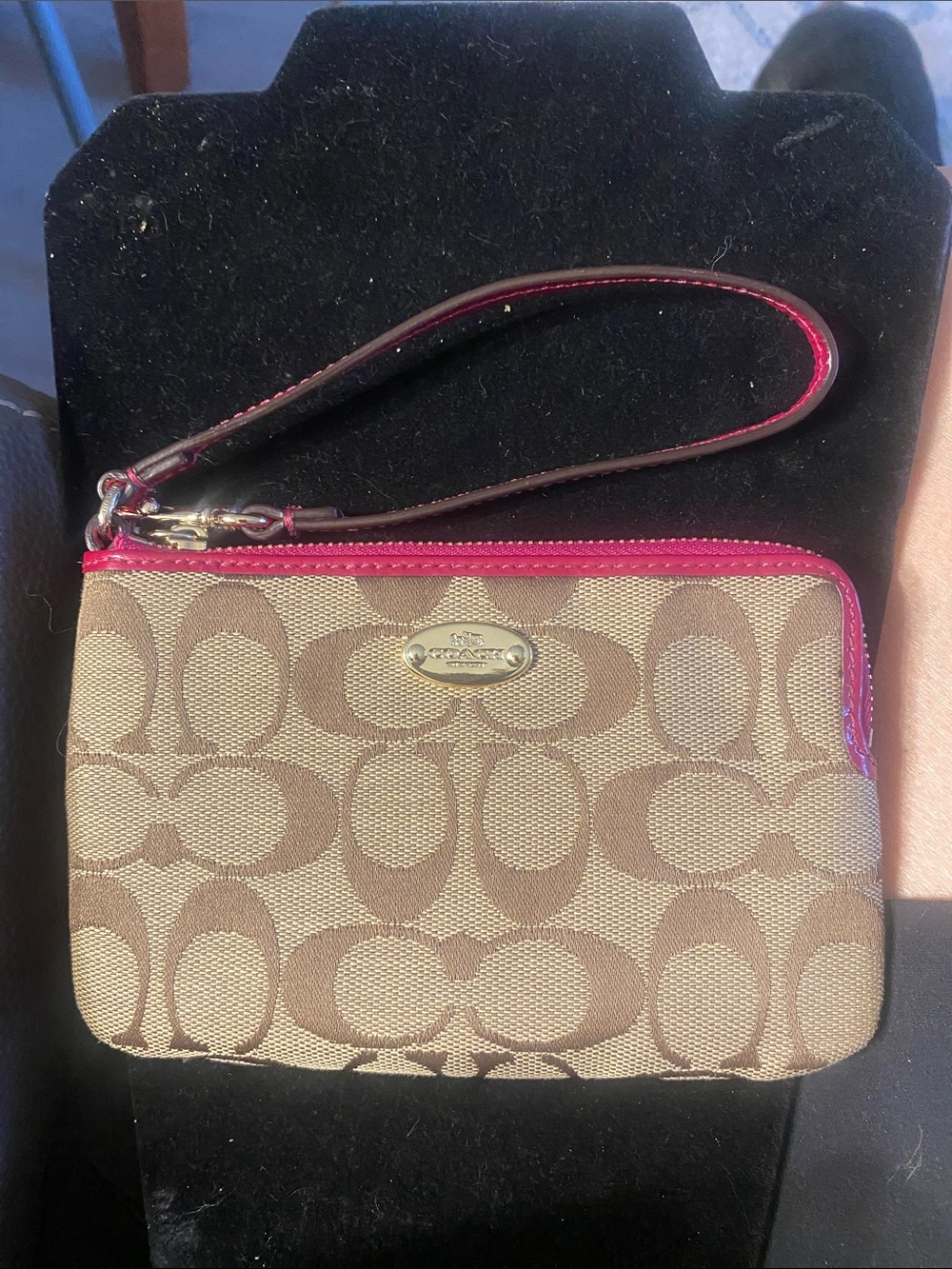 Coach Signature Canvas Wristlet in Khaki with Pink Trim
